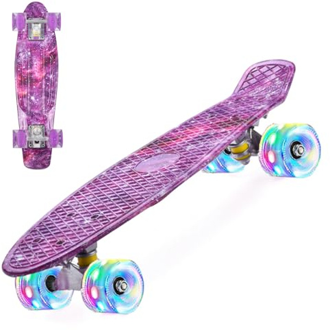 ERNAN Skateboard Complet Mini Cruiser pour Enfants 22，Skateboard avec Roues LED pour Enfants Débutants Filles Garçons Adolescents Adultes (Deep Purple)