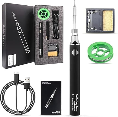 Kit de Soldador USB Inalámbrico – 3 Niveles de Temperatura (330℃-450℃) con Soporte y Accesorios, Seguro y Sencillo para Reparaciones Electrónicas (Negro)