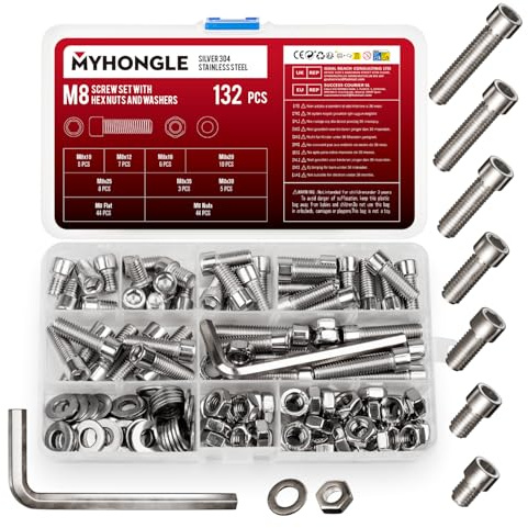 Set di 132 viti M8, viti cilindriche in acciaio inox con esagono interno, set di viti e dadi con rondelle, assortimento di viti esagonali per macchine, set di viti filettate