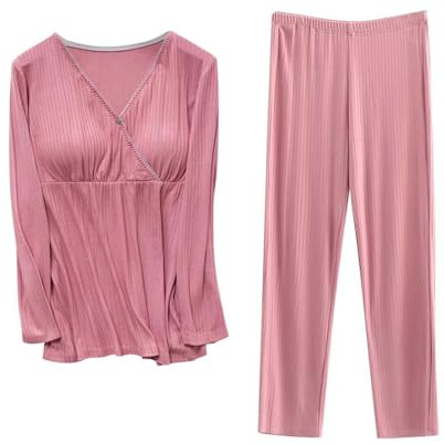 Stillpyjama Damen Lang Stillschlafanzug Baumwolle Umstandspyjama Lang Schwangerschaft Pyjama Set Stillfunktion Nachtwäsche Langarm Winter Umstandsmode Schlafanzüge Stillmode für Stillzeit (M)