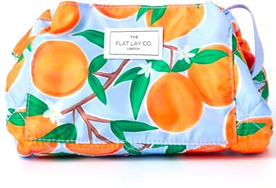 The Flat Lay Co. Makeup Bag - Mediterranean Oranges Travel Make Up Organiser - Cosmetics, Eyeshadow, Make-Up Brushes, Lipstick & Tools - Drawstring Makeup Bag Storage with Brush Holder & Large Pockets