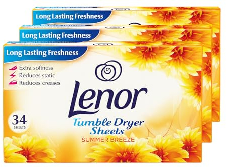 Lenor 3 Pack Fabric Conditioner Dryer Sheets Summer Breeze 34 Sheets Each | Long-Lasting Fresh Floral Scent | Reduces Static Cling | Softens Fabrics | Tumble Dryer + EPISHED guide included
