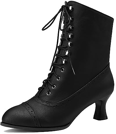 Voviggiw Lace Up Ankle Boots for Women Kitten Heel Victorian Boots Pointed Toe Booties Side Zipper Black Size 37