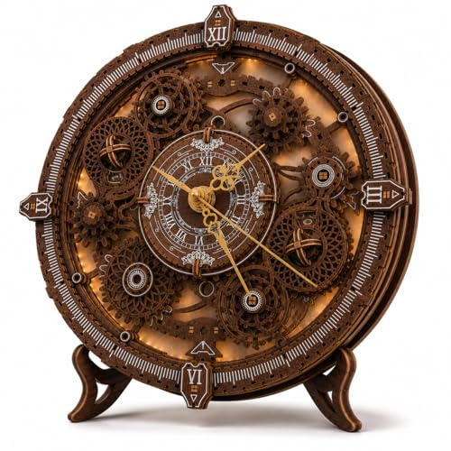 3D Wooden Puzzles for Adults, Mechanical Clock Kit with LED Light, DIY Wooden Clock Puzzle to Build, Steampunk Gear Model Kit, Vintage Desk Decor & Unique Gifts for Men Women (Vintage Clock)