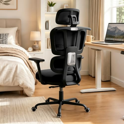 WXJHL Chaise de Bureau Ergonomique à Double Dossier, Fauteuil Bureau avec Support Lombaire, Accoudoirs et Appui-Tête Réglable, Chaise Informatique en pour Télétravail, Étude et Gaming, Noir
