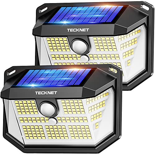 TECKNET Luz Solar Exterior, 236 LED/300° Iluminación (Ilumina 35㎡) Brillo Alto Luces Solares con Sensor de Movimiento, 3 Modes IP65 Impermeable Focos Led Solares para Jardín, Garaje, Patio, 2 Paquete
