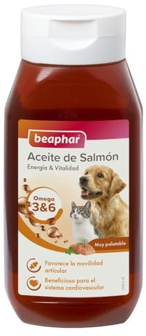 Beaphar Aceite de Salmón Perro y Gato | Omega 6 y Omega 3 | EPA y DHA | Fortalece Las articulaciones y los Huesos | Piel Sana, Pelo Brillante | Picor | 425ml