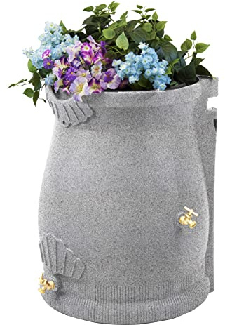 Good Ideas Rain Saver 50 Gallon Urn Shaped Water Storage Barrel with Planter and 2 Metal Spigots, Light Granite