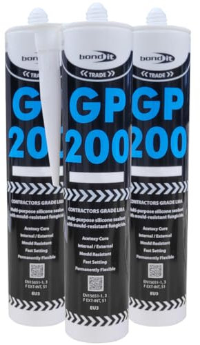 (Pack of 3) Black Silicone Sealant Bond it GP200 Mould Resistant Bathroom Glazing sealant