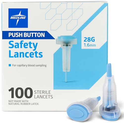 Medline Sterile Safety Lancets, Push-Button Activation, Blood Glucose Testing, Controlled Penetration, 28G x 1.6 mm, 100 Count