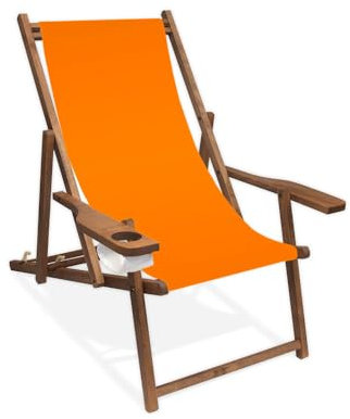 Holz-Liegestuhl mit Armlehne und Getränkehalter, Klappbar, mit dunkelbrauner Lasur, Wechselbezug (Orange)