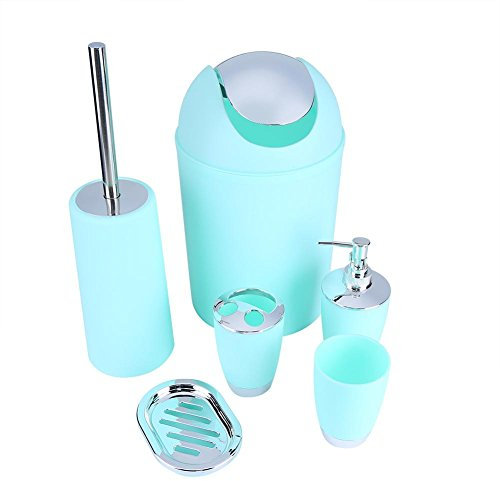 6 Pezzi Set di Accessori da Bagno Plastica, Composto da Bottiglia di Lozione, Porta Spazzolino, Porta Spazzolino, Portasapone, Scopino per WC, Pattumiera (Verde Menta)