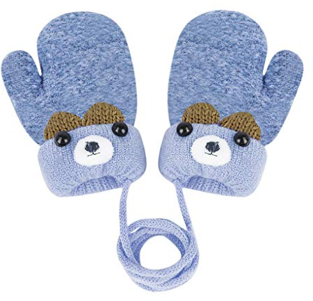 IPENNY Boys Girls Neck Hang String Mittens Cute Cartoon Bear Design Thick Fleece Lined Mittens Knit Gloves Full Finger Warm Ski Gloves Cold Weather Outdoor Hand Warmer for Kids 0 to 3Y