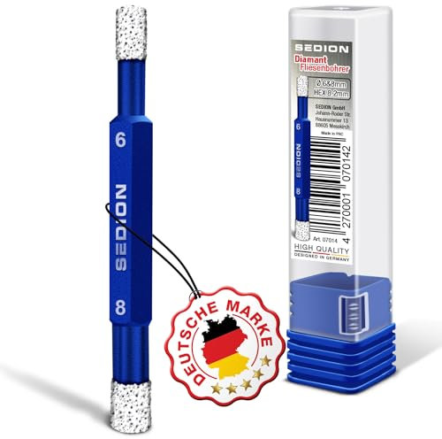 SEDION ® Profi - Fliesenbohrer Ø 6mm & 8mm Beidseitig Sechskant - Bohrer zum Bohren von harte Fliesen Feinsteinzeug Professional Diamantbohrer kompatibel mit Bosch Makita u.v.m. Bohrmaschinen