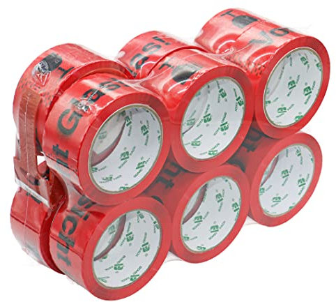 BOMEI PACK 12 Rollen Paketband Vorsicht Glas mit Plastik Abroller, Paketklebeband für Zerbrechliches Paket, 50mm x 66m je rolle