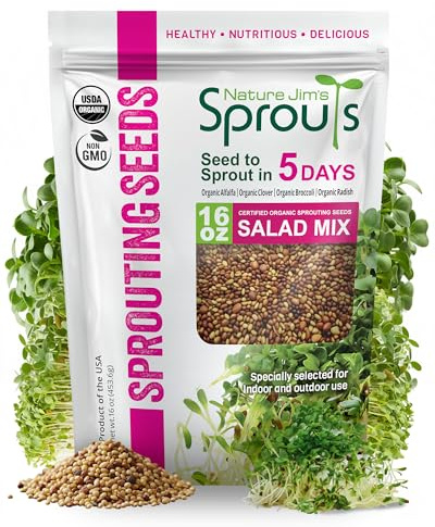Nature Jim’s Sprouts Organic Salad Mix – Non-GMO Microgreen Seeds, Perfect for Growing Nutritious Organic Broccoli, Alfalfa, Radish & Clover Sprouts – Easy Indoor/Outdoor Home Sprouting Seeds – 1lb
