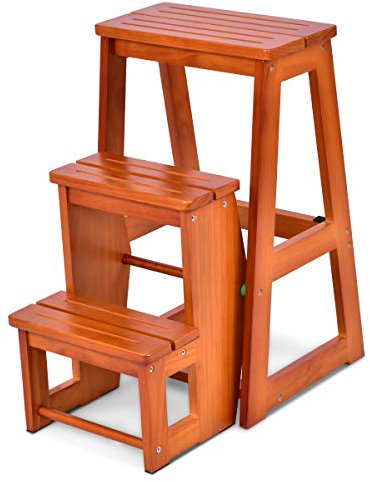 COSTWAY 3 Tier Step Stool for Kids & Adults, Wooden Folding Stepladder Foot Stools Flower Shelf Shoe Bench Hold up to 150kg (Brown)