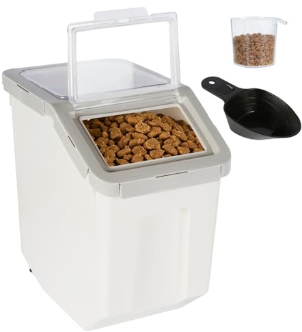 ANMOO 10KG Airtight Pet Food Storage Container, Dog Food Storage Bin, Gray | BPA-free plastic dog food container with wheels, locking lid & measuring cup for dog cat dry pet food, rice, cereal, flour