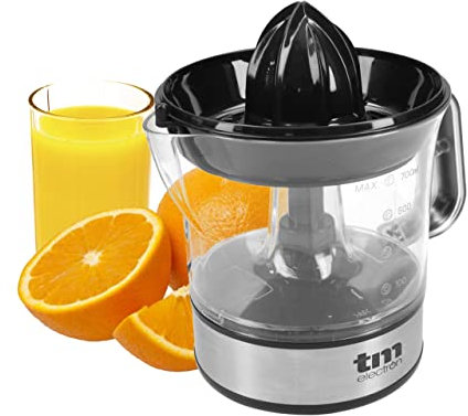 TM Electron TMPEX005 Presse-agrumes électrique avec carafe de 700 ml, 2 cônes de presse, régulateur de pulpe réglable, rotation à gauche à droite, passe au lave-vaisselle, 40 W
