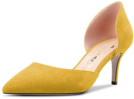 Castamere Femmes Aiguille Mi Talon Heel Pointu Bout Escarpins Two-Piece Slip-on Bureau Classique 6 CM Heels Jaune 37 EU
