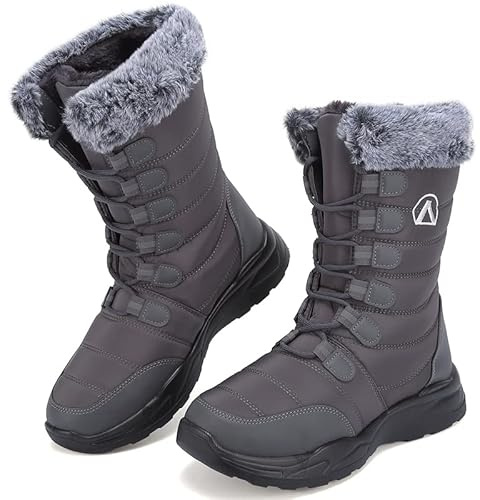 Csgkag Chaussures d'hiver Hommes Femme Bottes de Neige Lacets Bottes Doublé Chaud Antidérapantes Outdoor Plates Bottine de Randonnée Boots,Gris,EU37