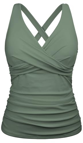 Firpearl Women's Tankini with Underwire Bra Support Tummy Control Swimwear Strappy Back Bathing Suit Top Army Green US10