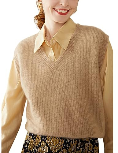 DISSA Women Cashmere Camel Jumper Sleeveless V-Neck Relaxed Cashmere Wool Thick Vest Solid Color Ladies Sweater,12,SH308