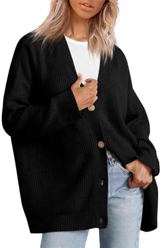 MorFansi Cardigan da Donna Autunno Inverno Aperto sul Davanti Oversize con Bottoni Scollo a V Maniche Lunghe Cardigans in Maglia Capispalla Top (Nero,M)