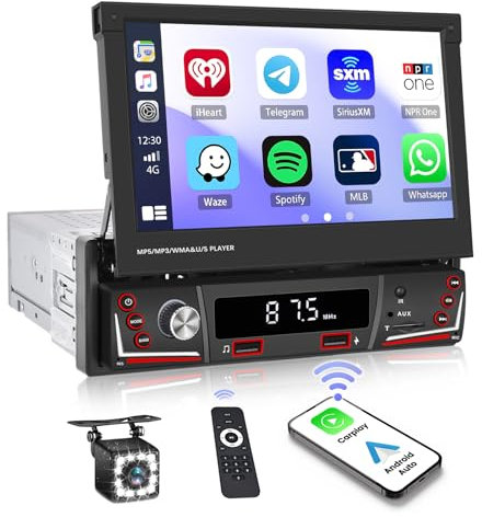 Autoradio Carplay 1 DIN Wireless Android Auto Navi 7 pollici Pantalla Extraible Táctil Reproductor con Bluetooth Mirror Link per iOS/Android WiFi GPS Doppia USB FM/Am Autoradio+Telecamera posteriore
