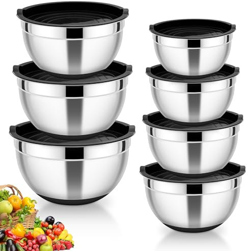HaWare Rührschüssel 7er Set, Edelstahl Schüssel Salatschüssel mit Luftdichtem Deckel und Silikonboden, Ideal zum Kochen Backen, Spülmaschinenfest, 4,6L /3,5L /2,8L /2,5L /1,5L /1,2L /0,7L - Schwarz