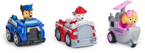 Paw Patrol: Deluxe Rescue Racers, Pack Triple con Coches de Juguete de Chase, Marshal y Skye función de propulsión, Juguetes para niños y niñas a Partir de 3 años
