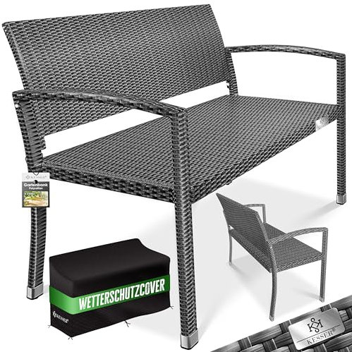 KESSER® Gartenbank Polyrattan 2-Sitzer Wetterfest | Rattan Sitzbank UV-Beständig bis 320kg belastbar | Balkon Bank 125x62x90cm Garten-Möbel mit Cover & ergonomischen Armlehnen für 2 Personen Anthrazit