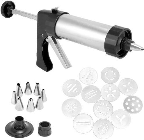 QWORK® Pressa Biscotti in Acciaio Inossidabile, Siringhe per Pasticceria con 13 Stencil e 8 Beccucci, Pistola Sparabiscotti per Gli Appassionati di Pasticceria