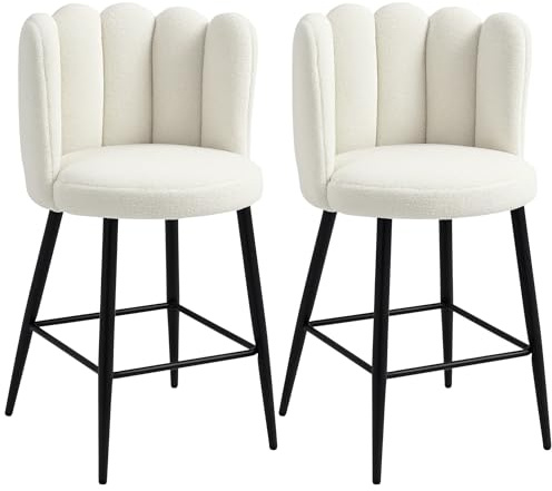 HOMCOM Bar Stools Set of 2, Modern Boucle Upholstered Shell Barstools, Breakfast Bar Chairs with Backrest, Footrest and Steel Base for Kitchen Counter, Cream
