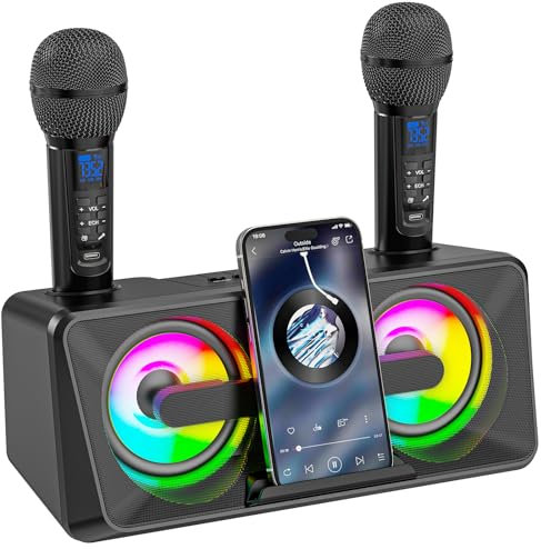 Machine de karaoké pour Adultes et Enfants avec 2 Microphones sans Fil UHF,Haut-parleurs Bluetooth Portables, système de sonorisation avec lumières discothèques,Support Bluetooth, AUX,USB/TF (Noir)