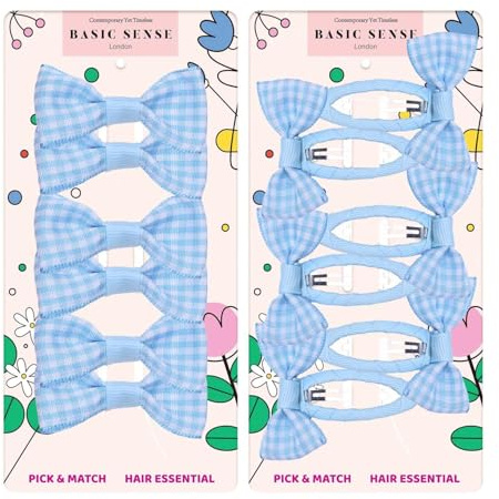 Basic Sense 12pcs Gingham Check Bow School Hair Set, Ribbon Snap Clips & Hair Elastics Ties for Girls School Uniform, Mid Blue