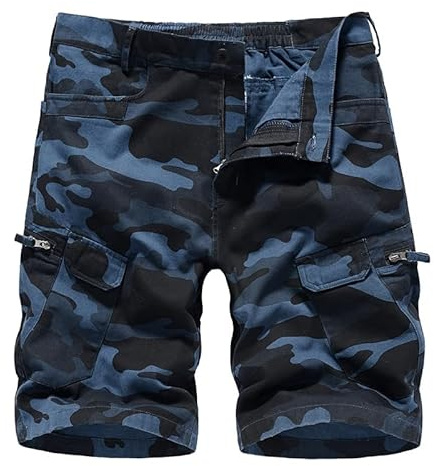 Misfuso Shorts Herren Kurze Hosen Cargo Shorts Sommer Freizeithose Kurze Baumwolle Bermuda Shorts Cargohose Herren Kurz Mit Taschen-Camo-Blau-M