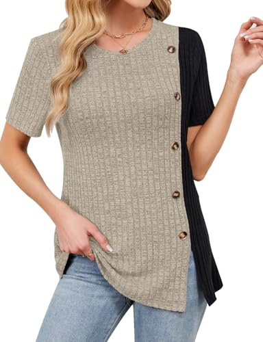Flikity Ladies Tops Crew Neck Womens Tops Short Sleeve Jumper Tunics for Leggings Going Out Top Knitted Ribbed Spring Autumn Clothes Colour Blocking Casual T Shirts L Apricot