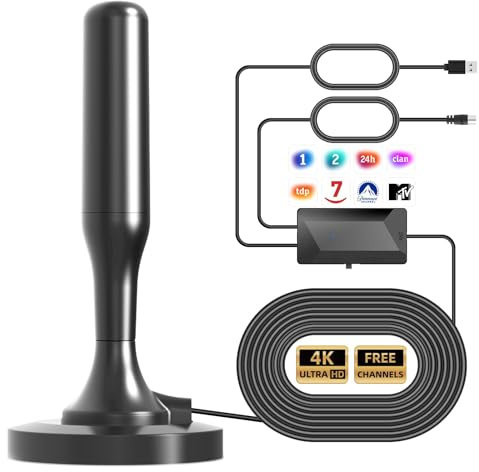 Antena TV Interior, Antena de TV Inteligente, Digital HD de recepción de Largo Alcance, Base magnética Fuerte para Canales de Interiores 4k 1080P Canales Locales