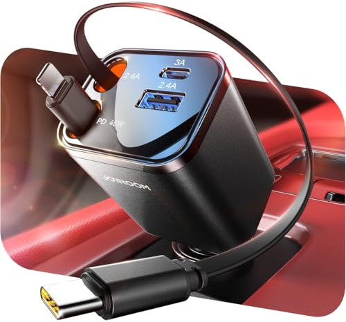 【2025 Ultra-kompakte】JOYROOM 57W Einziehbares Zigarettenanzünder USB C,【3-in-1】12V/24V USB Adapter Auto Zubehör, Auto Ladegerät Schnellladegerät, Car Charger für iPhone 17/16/Samsung S25/S24/iPad/GPS