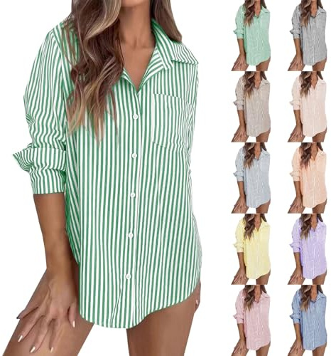 Maglietta a righe, da donna, a maniche lunghe, a righe, elegante, con scollo a V, con bottoni, moderna, leggera, estiva, per ufficio, vacanze e serate