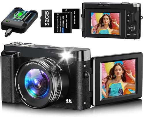 Digital Camera, 4K 48MP Autofocus Compact Digital Camera with 32G Memory Card 16X Digital Zoom, Vlogging Camera with 3.0 inch 180° Flip Screen and Charging Station for Teenagers, Beginners(Black)