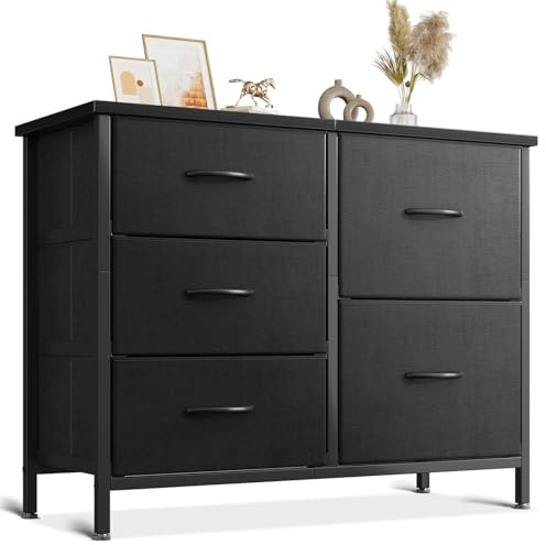 Coleshome Small Chest of Drawers Bedroom with 5 Fabric Drawers, with 2 Large and 3 Small Drawers, Wooden Top, Sturdy Steel Frame, Suitable for Bedroom and Living Room, 76 x 29 x 60cm, Black