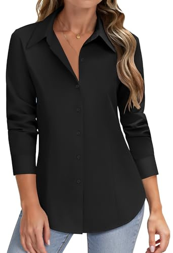 HOTOUCH Button Down Shirts for Women Wrinkle Free Long Sleeve V Neck Stain Shield Blouse Business Work Dress Shirt B-Black