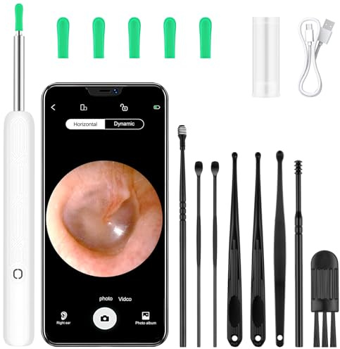 BUTBU Otoscopio Limpiador Oidos, WiFi Endoscopio de Oído con 1080P Cámara y 6 LED, Limpiador Oidos Adultos, con 8 Herramientas Profesionales y 6 Puntas De Silicona, Compatible ANDROID e IOS, Blanco