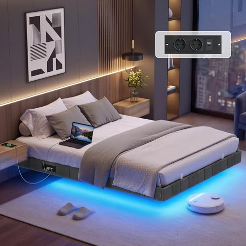 VASAGLE Bettgestell 140 x 200 cm, schwebender Effekt, LED-Beleuchtung, gepolsterte Seitenwände, 2 AC-Steckdosen, 2 USB-A-Anschlüsse, 1 USB-C-Anschluss, bis 500 kg belastbar, schiefergrau RMB164G101