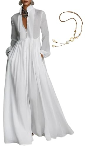 Maxi abito da donna minimalista in cotone e lino patchwork monopetto colletto alla coreana a maniche lunghe, tinta unita casual camicia abito, bianco, L