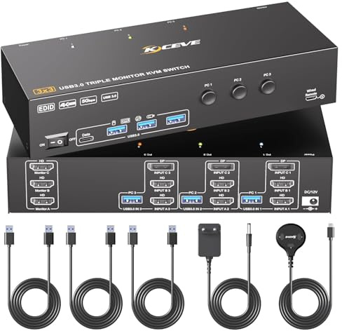 KVM Switch 3 PC 3 Monitor 4K@60Hz Simulazione EDID, MLEEDA HDMI Triple Monitor KVM Switch 3 PC Share Sie 3 Monitor e 4 Dispositivi USB, Dotato Telecomando via Cavo, Alimentazione 12V e 3 Cavi USB