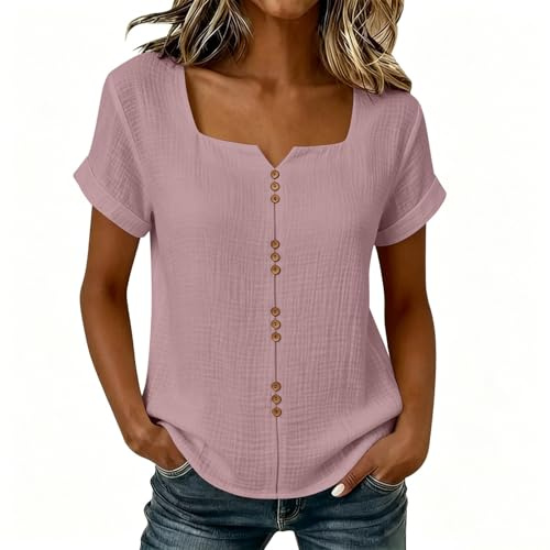 Tee Shirt Femme Cotton Grande Taille Col U T-Shirt Manche Courte Chic Élégant boutonnée Tshirt Courtes Couleur Unie Crop Top Classique Vetement D'été Haut Femme Décontracté Sport Top Tailles S à XXL