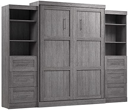 Bestar Pur Queen Murphy Bed and 2 Shelving Units with Drawers, 115-inch Space-Saving Sleeping Arrangement in Bark Grey